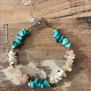Turquoise and White Stone Bracelet with Gold Accents